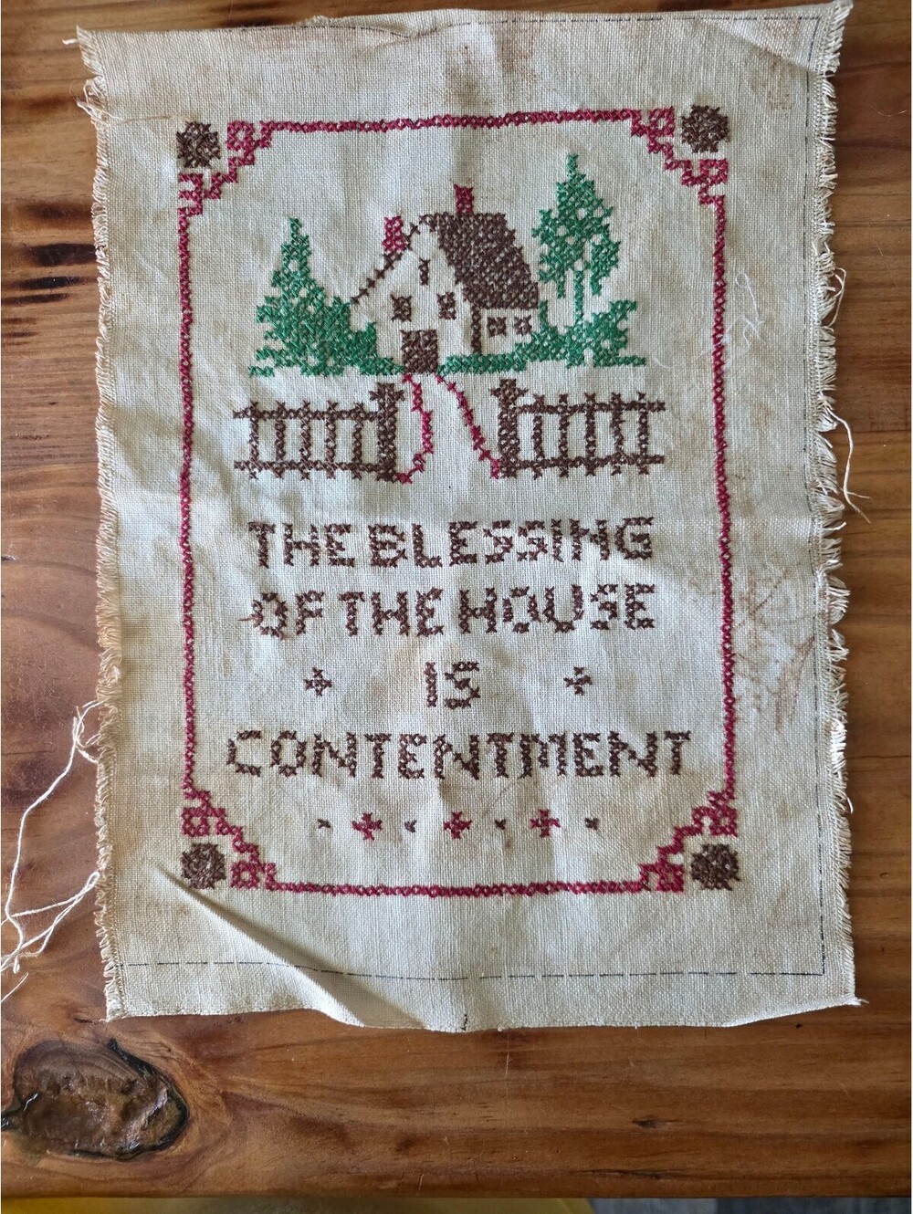 Vintage Hand-Embroidered Linen Wall Hanging with Inspirational Quote and Cottage